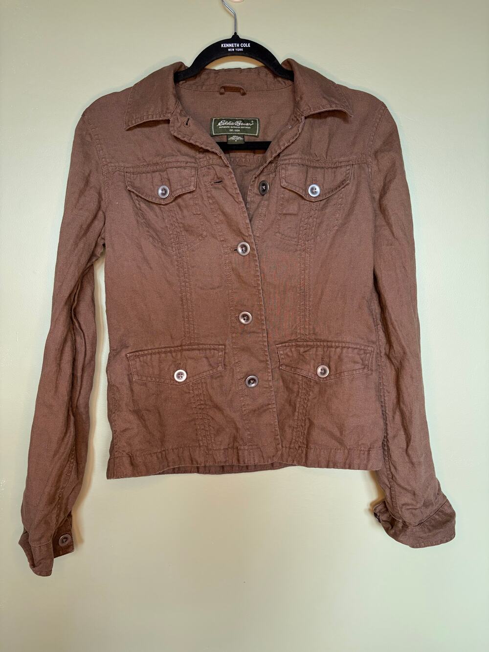 Eddie Bauer 100% Linen Brown Utility Jacket Size S Safari Cottagecore Field Jack